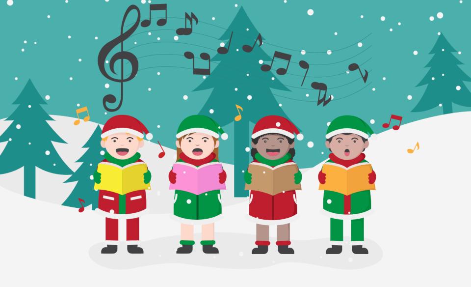 An illustration of four people singing outside in a wintery scene of snow covered hills and pine trees with snow falling and music notes in the air above the carolers.