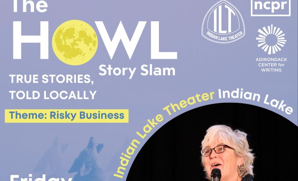 the HOWL story slam flier with a photo of a woman speaking into a microphone