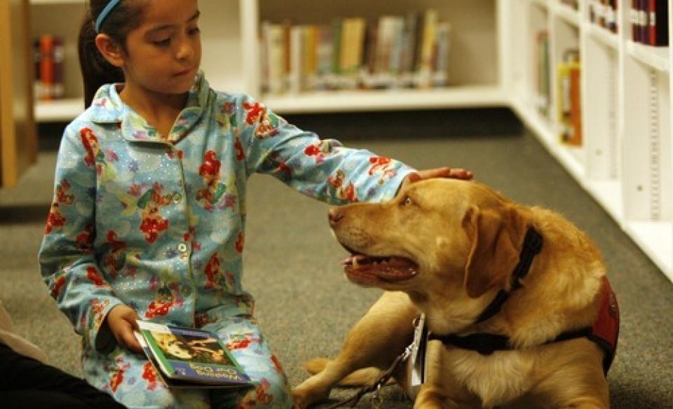 A girl in her holiday pajamas holding a book and petting a dog while at the library