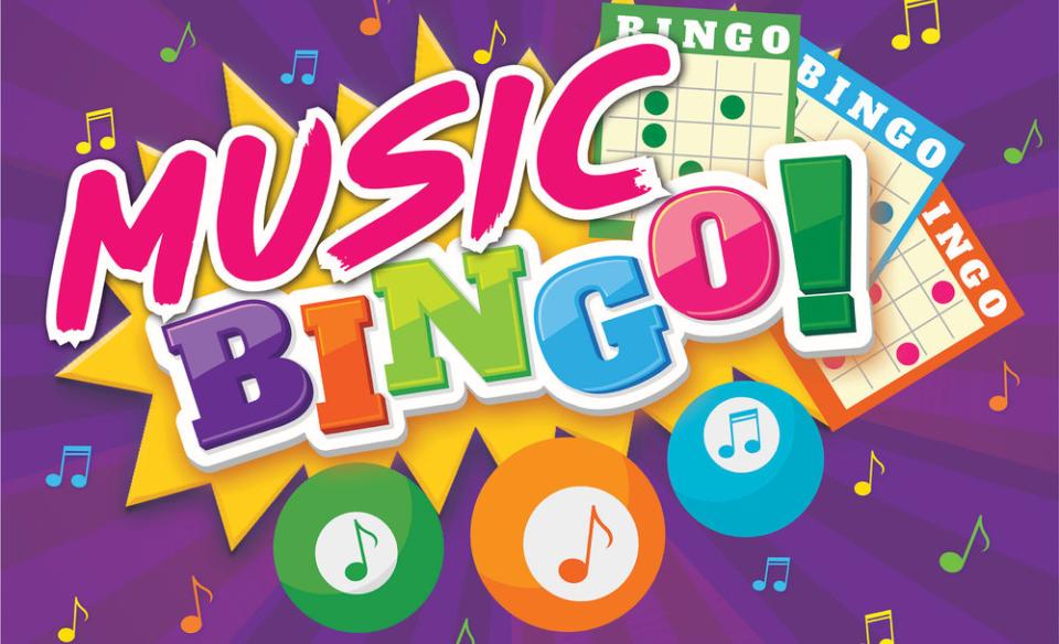Graphic of the words Music Bingo! in colorful