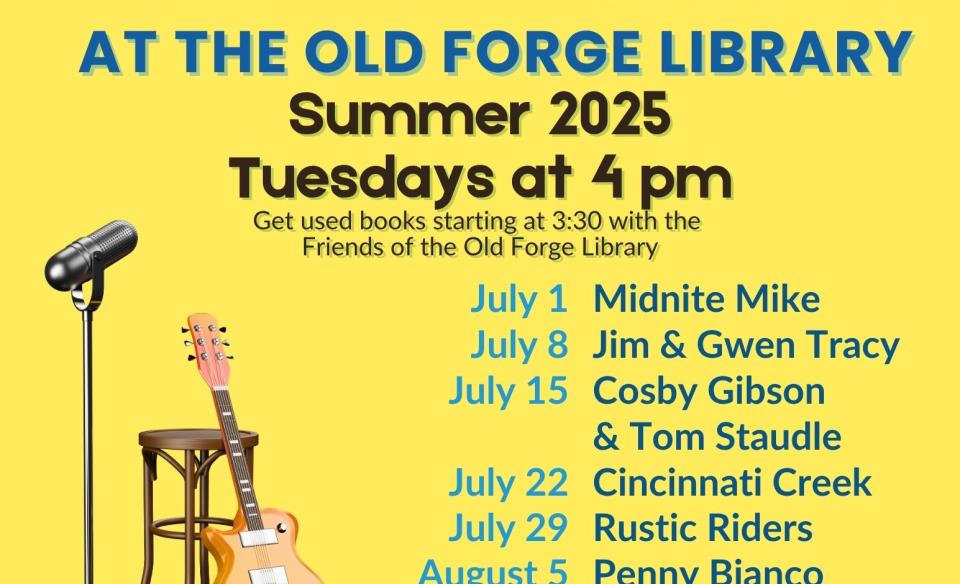 Poster for the 2025 Gazebo Concert Series at the Old Forge Library.  The series takes place on Tuesdays at 4 pm in the summer