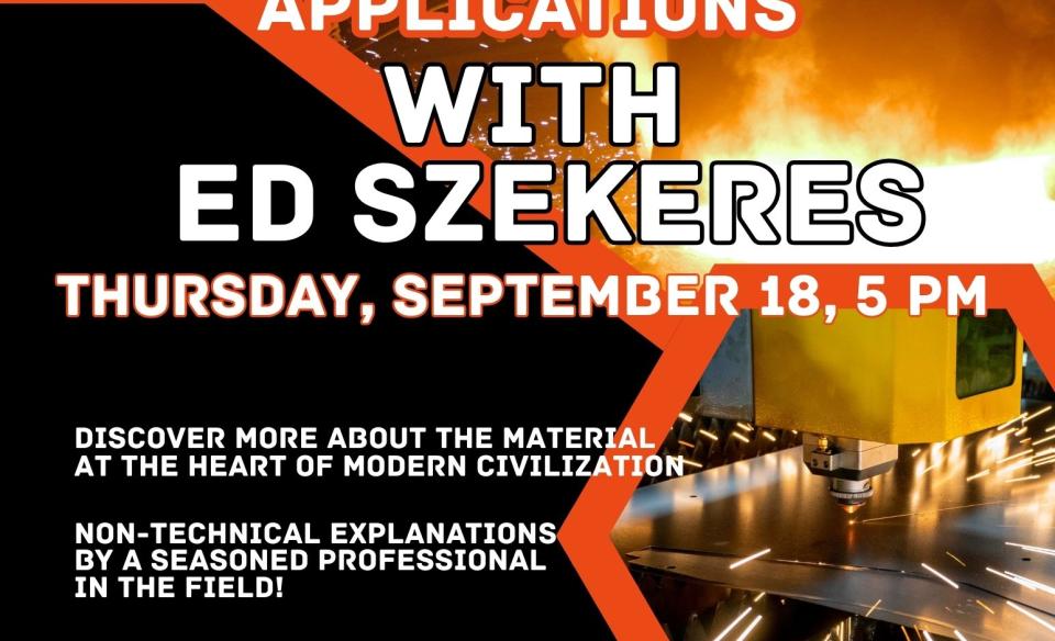 Poster advertising a talk on steel by Ed Szekeres at the Old Forge Library on Thursday
