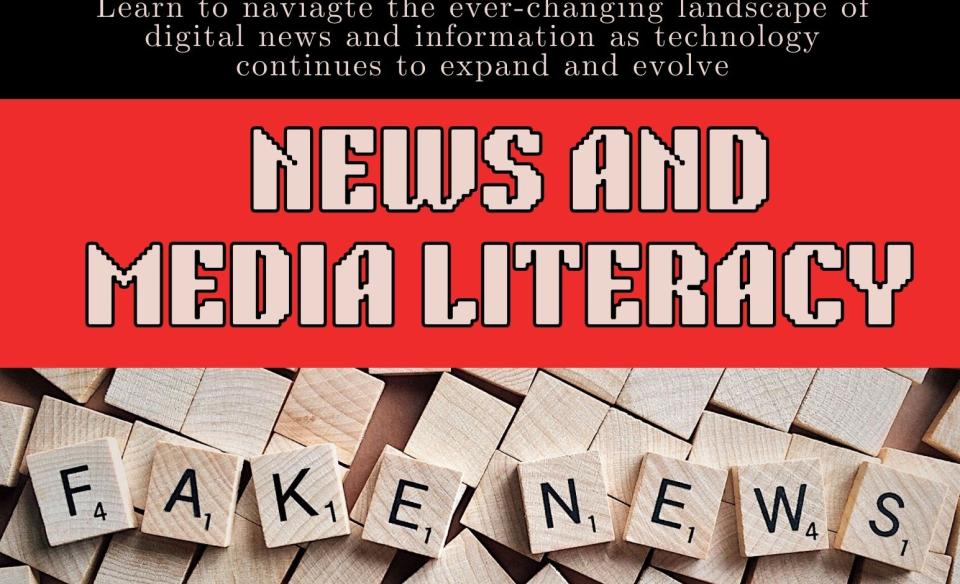 Poster for a News and Media Literacy event on Thursday