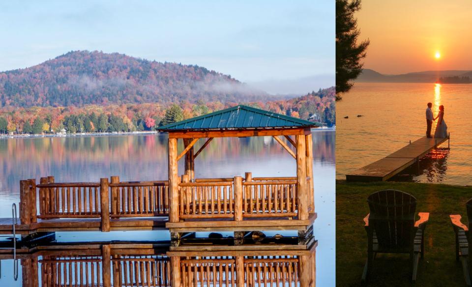 A wooden gazebo built on top of a deck.