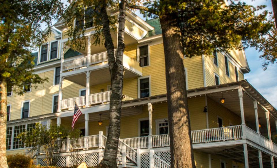 Looking up at the various balconies and porches of The Woods Inn.