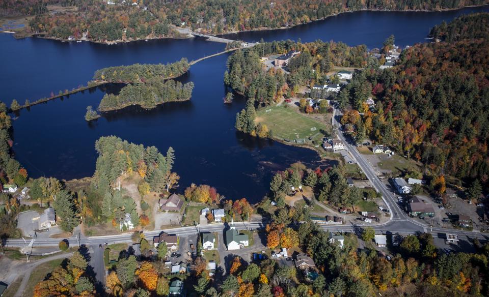 Long Lake and the Spill Way Trail seen from the air in the fall.