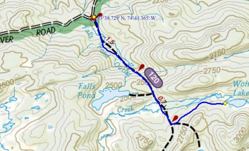 A map of a hiking trail to a couple bodies of water
