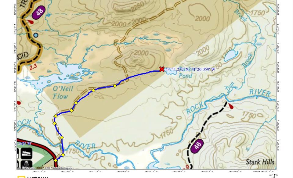A map with a carry trail and waterways